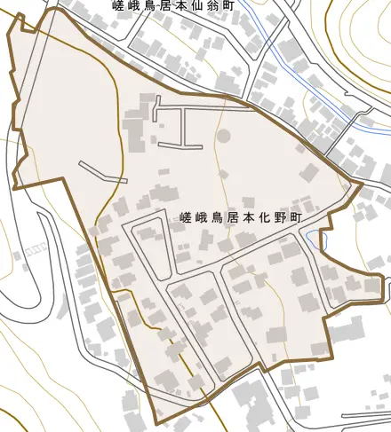 嵯峨鳥居本化野町とその周辺の地図。町の範囲を重ねている