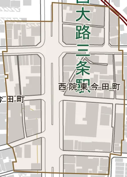 西院東今田町とその周辺の地図。町の範囲を重ねている