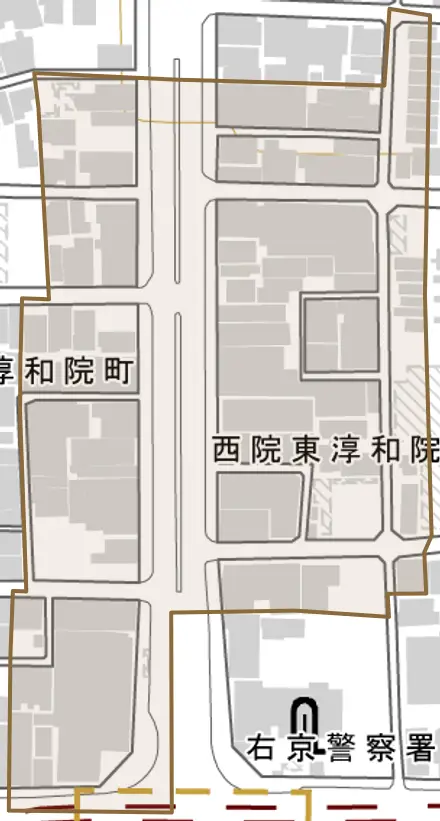 西院東淳和院町とその周辺の地図。町の範囲を重ねている
