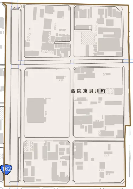 西院東貝川町とその周辺の地図。町の範囲を重ねている