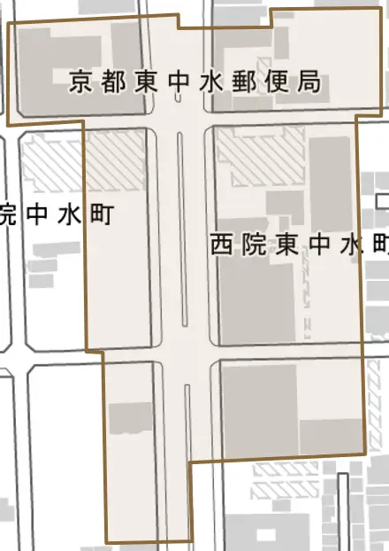 西院東中水町とその周辺の地図。町の範囲を重ねている