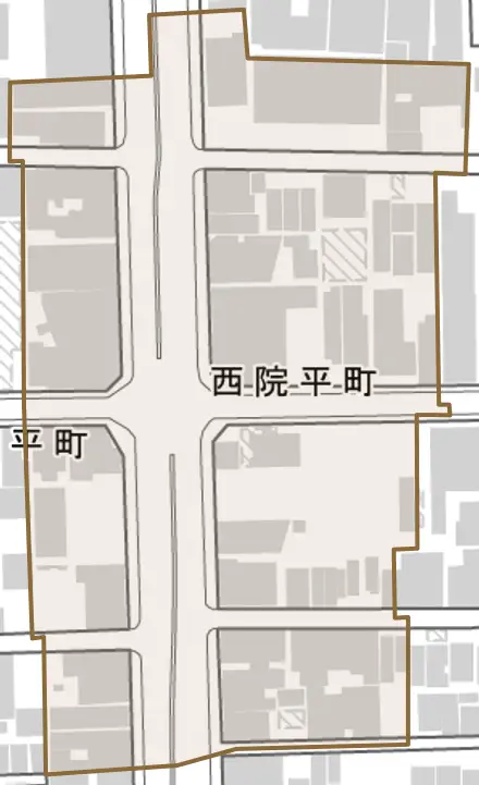 西院平町とその周辺の地図。町の範囲を重ねている