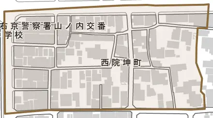 西院坤町とその周辺の地図。町の範囲を重ねている