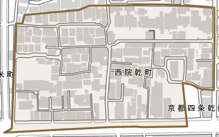 西院乾町とその周辺の地図。町の範囲を重ねている