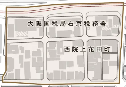 西院上花田町とその周辺の地図。町の範囲を重ねている