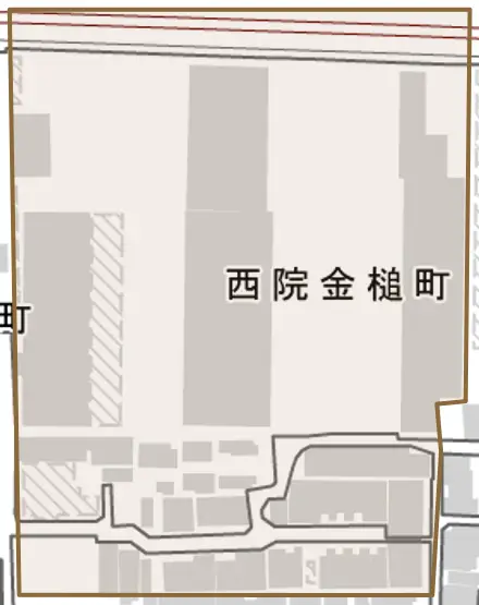 西院金槌町とその周辺の地図。町の範囲を重ねている
