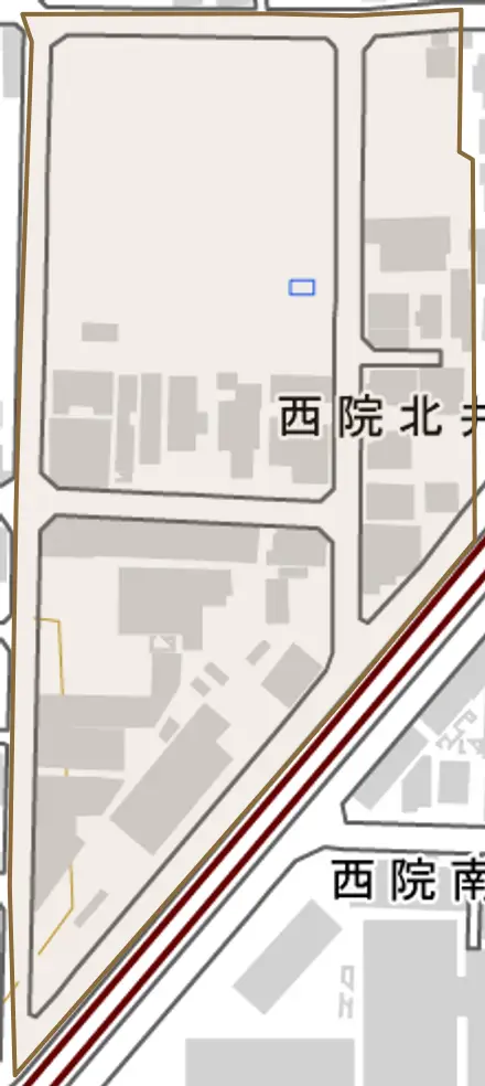 西院北井御料町とその周辺の地図。町の範囲を重ねている