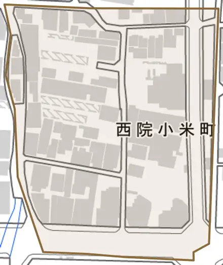 西院小米町とその周辺の地図。町の範囲を重ねている