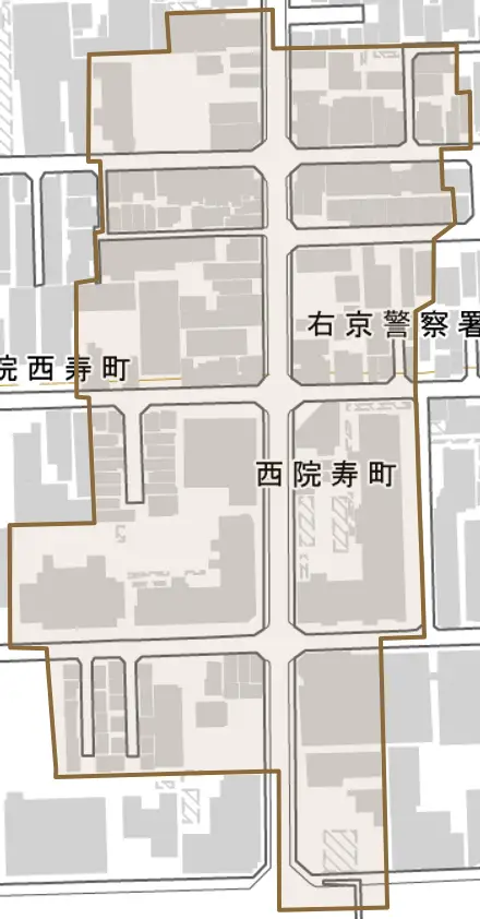 西院寿町とその周辺の地図。町の範囲を重ねている