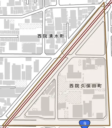 西院久保田町とその周辺の地図。町の範囲を重ねている