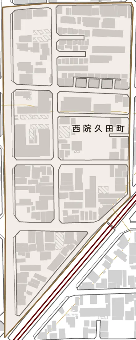 西院久田町とその周辺の地図。町の範囲を重ねている