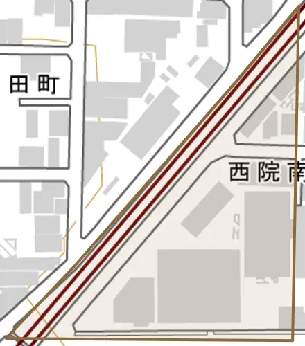 西院南井御料町とその周辺の地図。町の範囲を重ねている