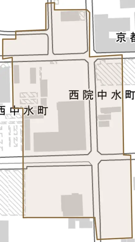 西院中水町とその周辺の地図。町の範囲を重ねている