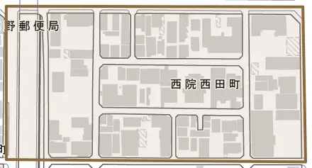 西院西田町とその周辺の地図。町の範囲を重ねている