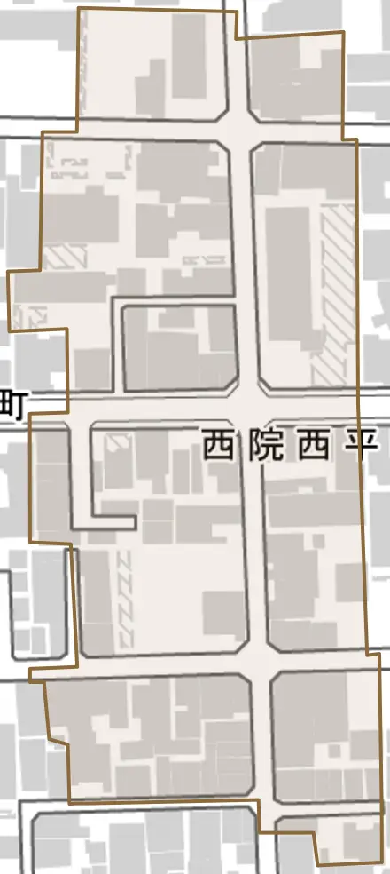 西院西平町とその周辺の地図。町の範囲を重ねている