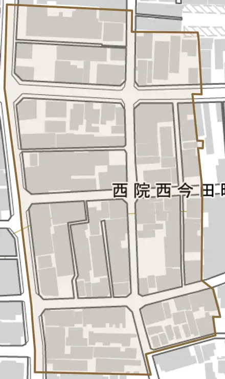西院西今田町とその周辺の地図。町の範囲を重ねている