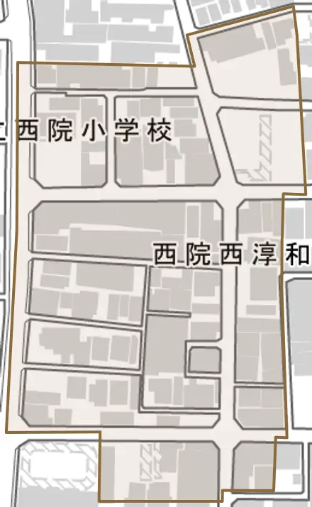 西院西淳和院町とその周辺の地図。町の範囲を重ねている