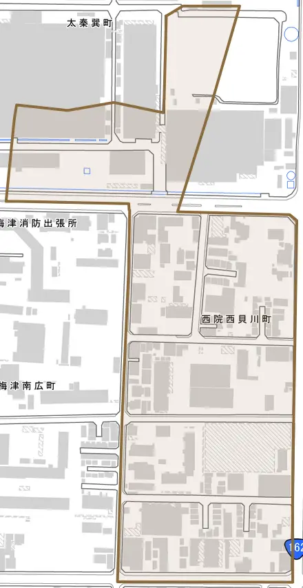 西院西貝川町とその周辺の地図。町の範囲を重ねている