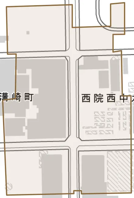 西院西中水町とその周辺の地図。町の範囲を重ねている