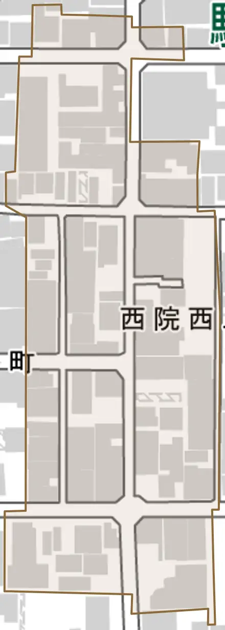 西院西三蔵町とその周辺の地図。町の範囲を重ねている