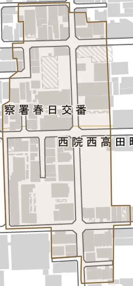 西院西高田町とその周辺の地図。町の範囲を重ねている