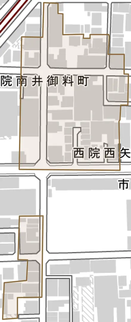 西院西矢掛町とその周辺の地図。町の範囲を重ねている