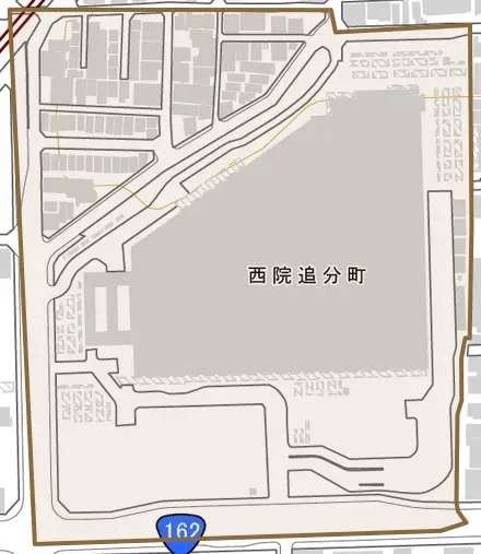 西院追分町とその周辺の地図。町の範囲を重ねている