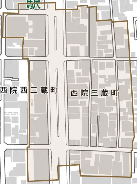 西院三蔵町とその周辺の地図。町の範囲を重ねている