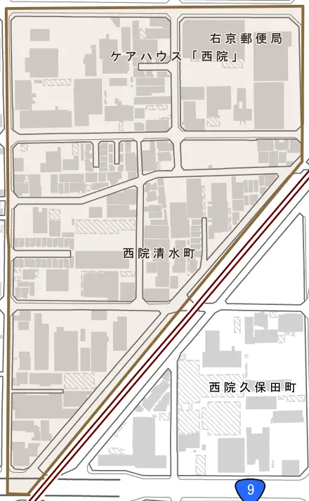 西院清水町とその周辺の地図。町の範囲を重ねている