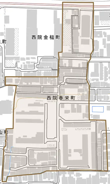 西院春栄町とその周辺の地図。町の範囲を重ねている
