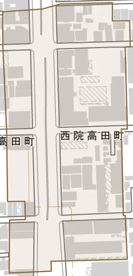 西院高田町とその周辺の地図。町の範囲を重ねている