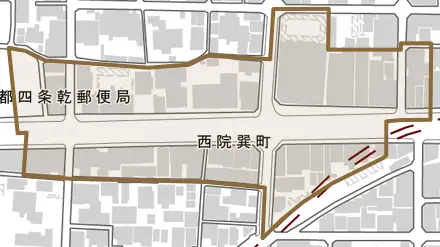 西院巽町とその周辺の地図。町の範囲を重ねている