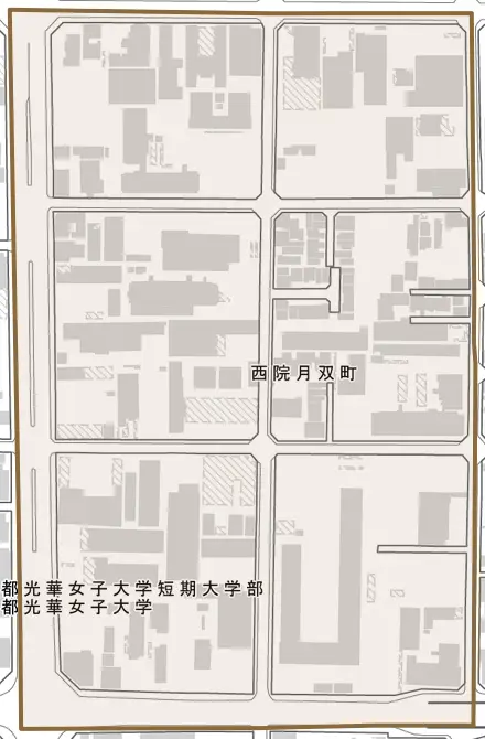 西院月双町とその周辺の地図。町の範囲を重ねている