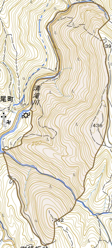 梅ケ畑川東とその周辺の地図。町の範囲を重ねている