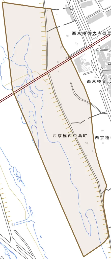 西京極西中島町とその周辺の地図。町の範囲を重ねている
