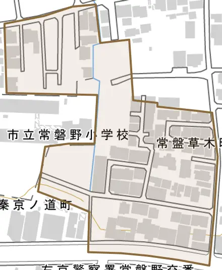 常盤草木町とその周辺の地図。町の範囲を重ねている
