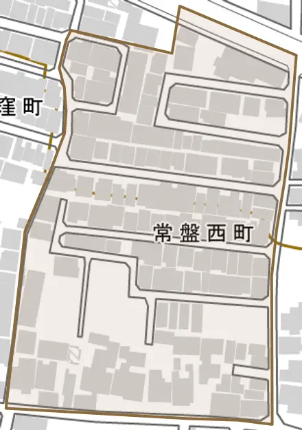 常盤西町とその周辺の地図。町の範囲を重ねている