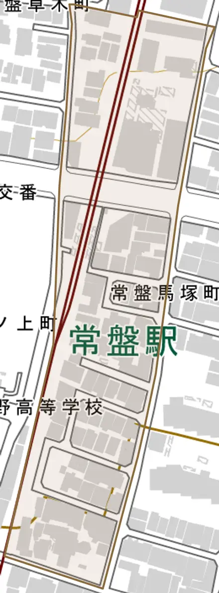 常盤馬塚町とその周辺の地図。町の範囲を重ねている