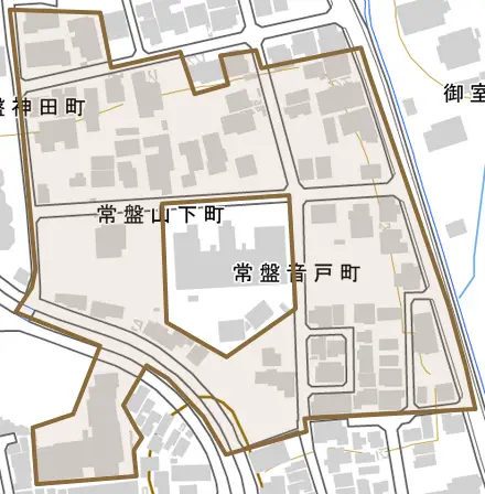 常盤山下町とその周辺の地図。町の範囲を重ねている