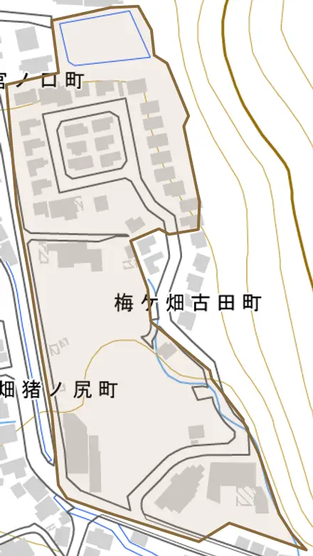 梅ケ畑古田町とその周辺の地図。町の範囲を重ねている