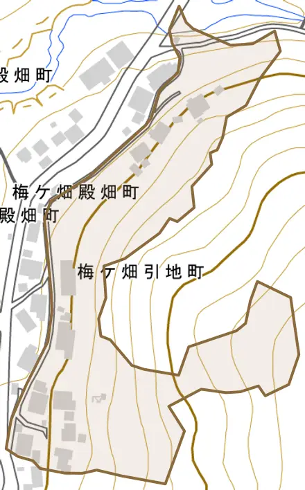 梅ケ畑引地町とその周辺の地図。町の範囲を重ねている