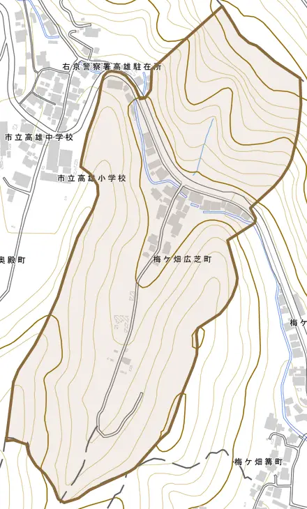 梅ケ畑広芝町とその周辺の地図。町の範囲を重ねている
