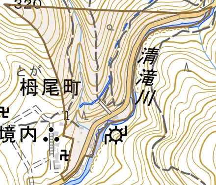 梅ケ畑川西町とその周辺の地図。町の範囲を重ねている