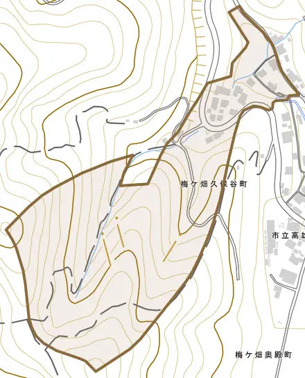 梅ケ畑久保谷町とその周辺の地図。町の範囲を重ねている