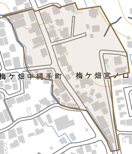 梅ケ畑宮ノ口町とその周辺の地図。町の範囲を重ねている