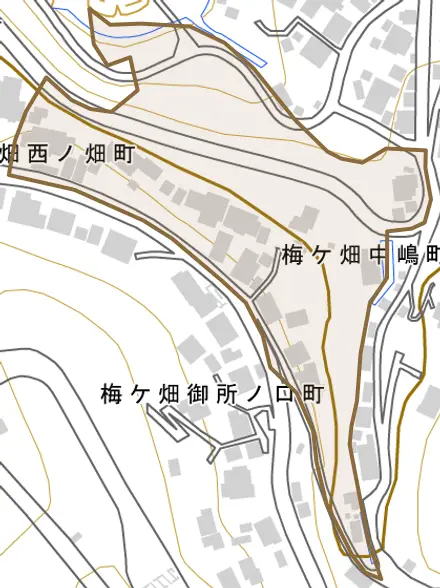 梅ケ畑中嶋町とその周辺の地図。町の範囲を重ねている