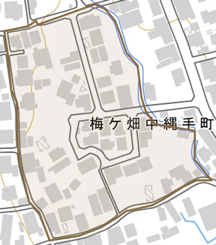 梅ケ畑中縄手町とその周辺の地図。町の範囲を重ねている