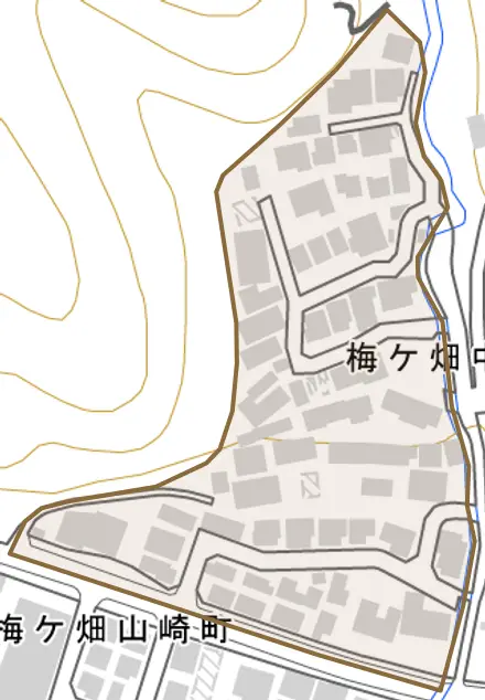 梅ケ畑中田町とその周辺の地図。町の範囲を重ねている