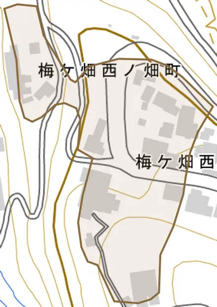 梅ケ畑西ノ畑町とその周辺の地図。町の範囲を重ねている