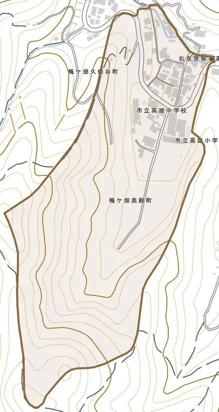 梅ケ畑奥殿町とその周辺の地図。町の範囲を重ねている